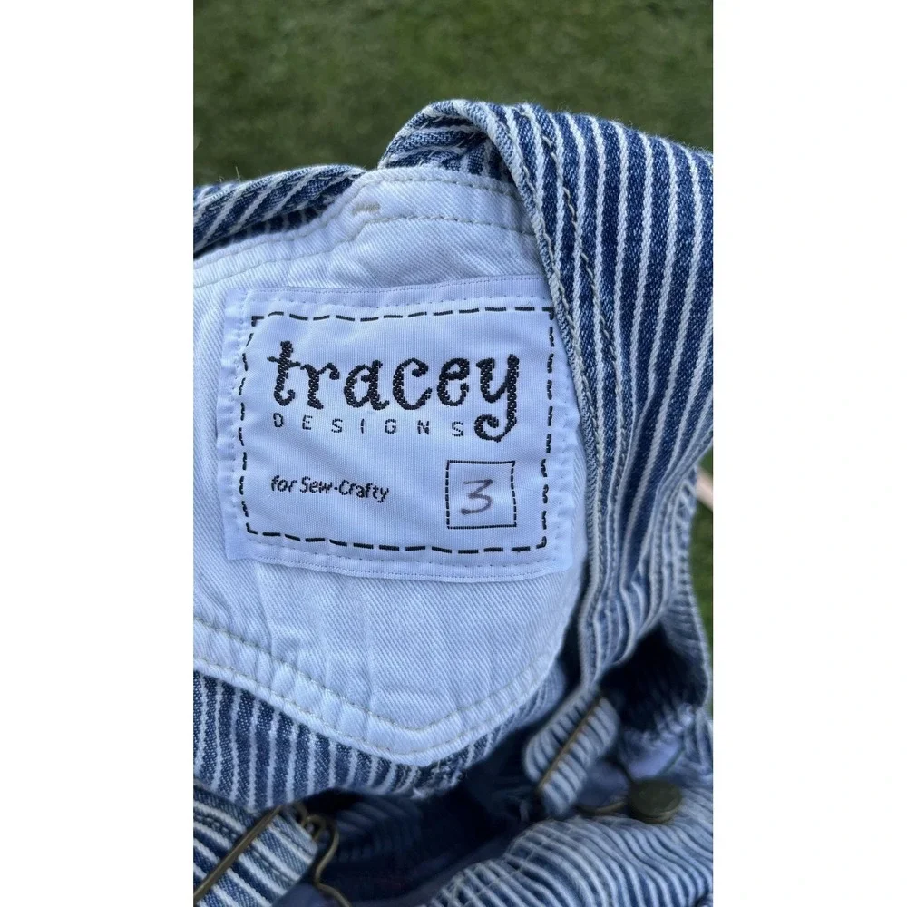 Vintage Tracey Designs Overalls Kids 3 Striped Denim Train Applique Engineer